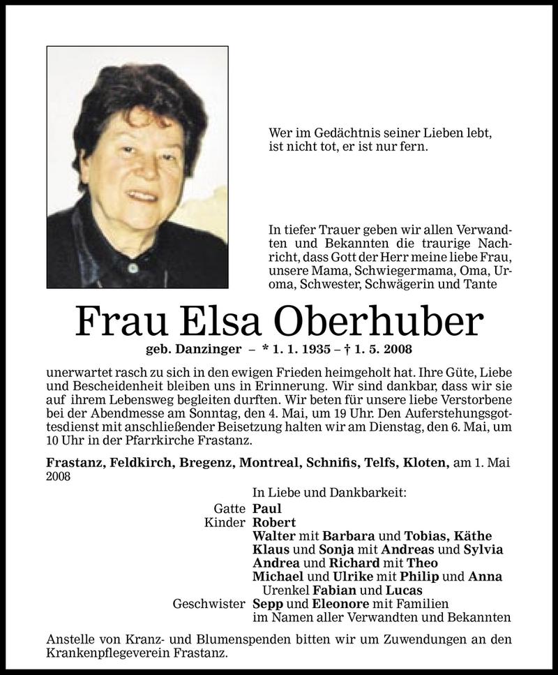  Todesanzeige für Elsa Oberhuber vom 03.05.2008 aus Vorarlberger Nachrichten