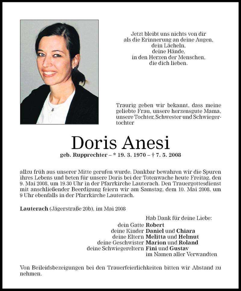  Todesanzeige für Doris Anesi vom 09.05.2008 aus Vorarlberger Nachrichten