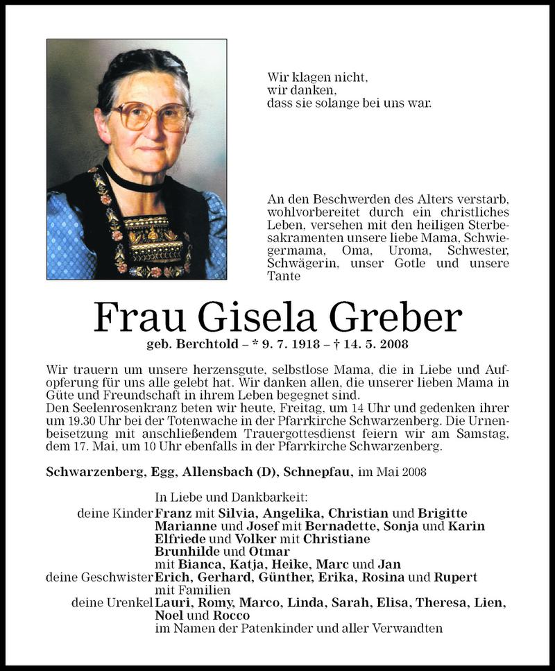 Todesanzeigen von Gisela Greber | Todesanzeigen Vorarlberger Nachrichten