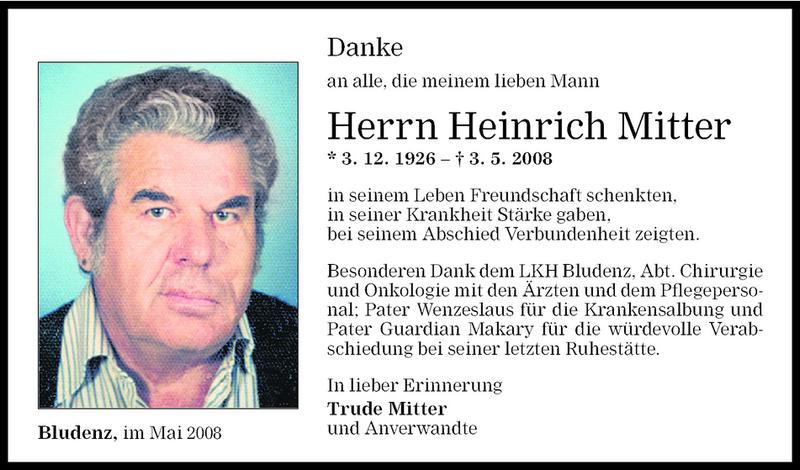  Todesanzeige für Heinrich Mitter vom 22.05.2008 aus Vorarlberger Nachrichten