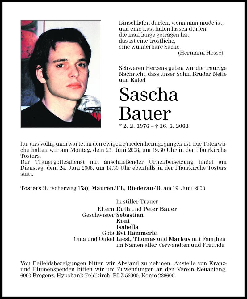  Todesanzeige für Sascha Bauer vom 20.06.2008 aus Vorarlberger Nachrichten