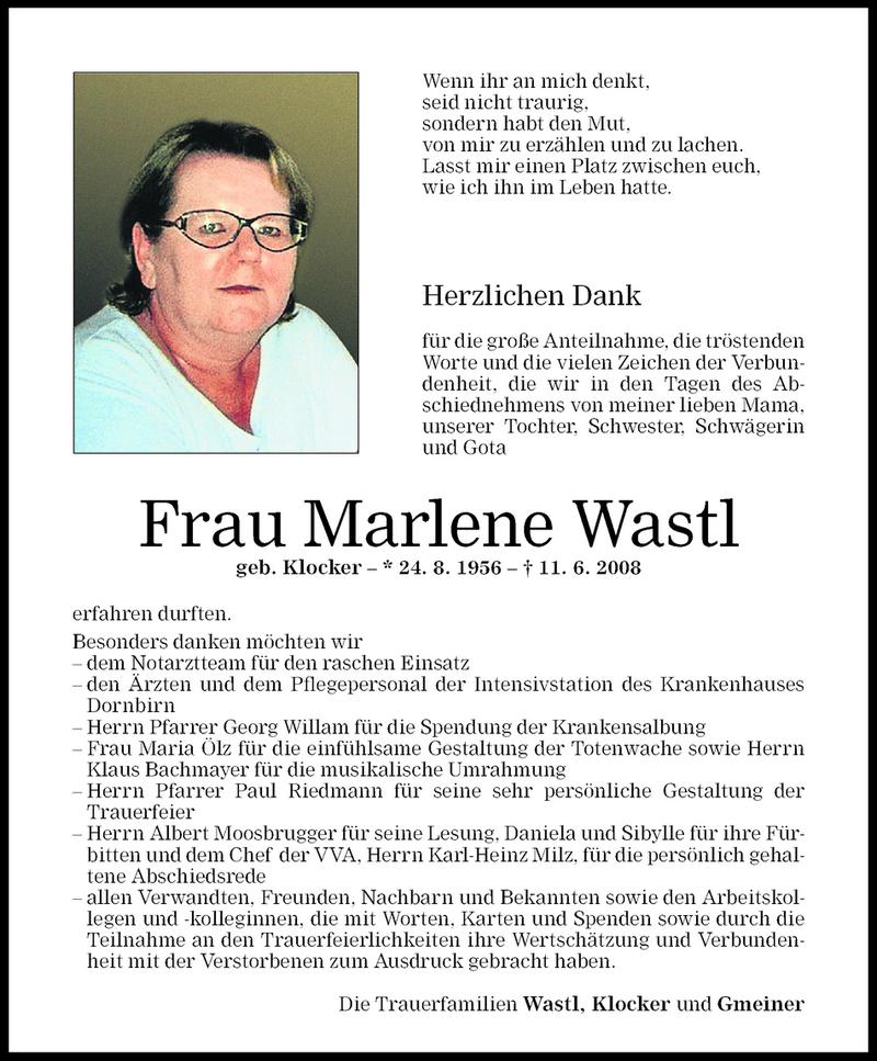 Todesanzeigen von Marlene Wastl | Todesanzeigen Vorarlberger Nachrichten