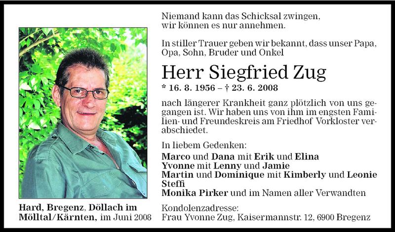  Todesanzeige für Siegfried Zug vom 30.06.2008 aus Vorarlberger Nachrichten