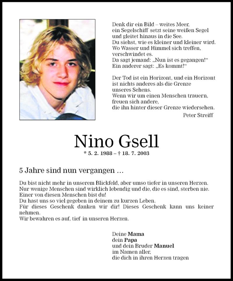  Todesanzeige für Nino Gsell vom 18.07.2008 aus Vorarlberger Nachrichten