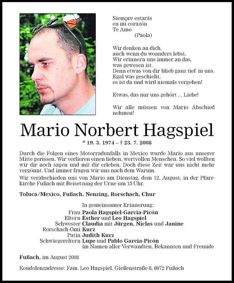  Todesanzeige für Mario Norbert Hagspiel vom 06.08.2008 aus Vorarlberger Nachrichten