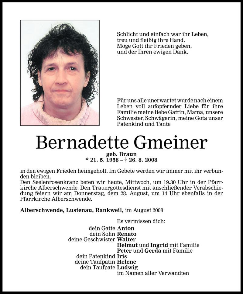 Todesanzeigen Von Bernadette Gmeiner | Todesanzeigen Vorarlberger ...