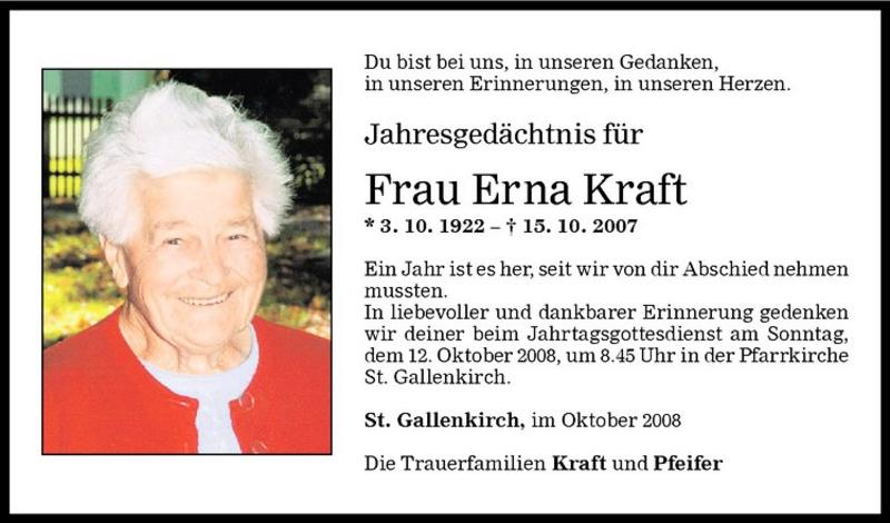  Todesanzeige für Erna Kraft vom 10.10.2008 aus Vorarlberger Nachrichten