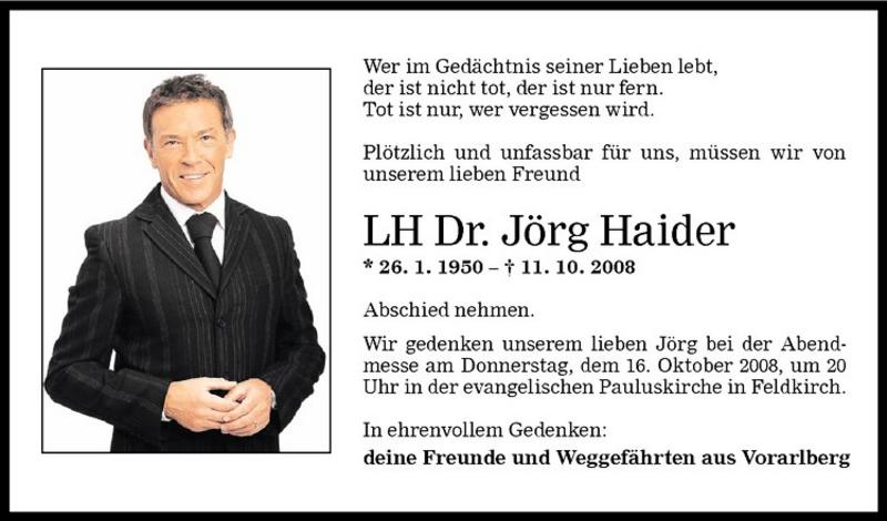  Todesanzeige für Jörg  Haider vom 16.10.2008 aus Vorarlberger Nachrichten