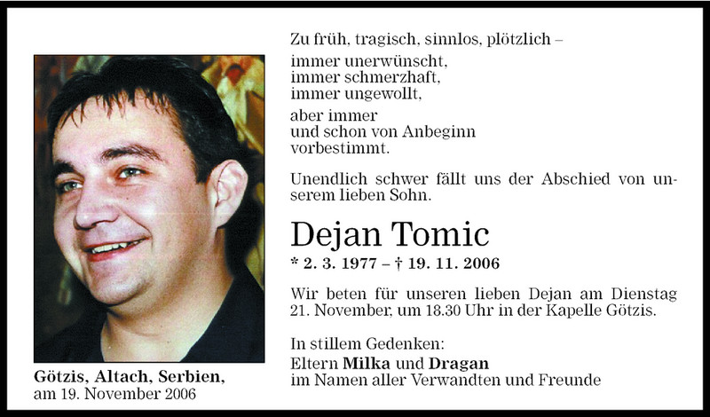  Todesanzeige für Dejan Tomic vom 21.11.2006 aus Vorarlberger Nachrichten