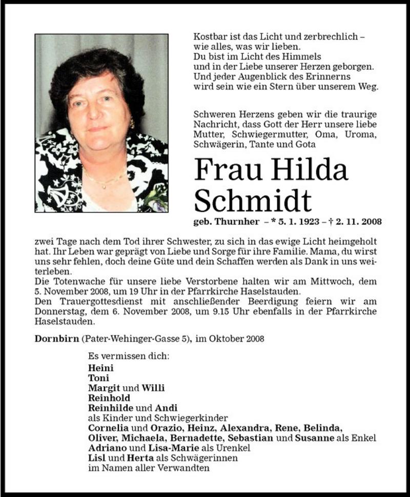  Todesanzeige für Hilda Schmidt vom 04.11.2008 aus Vorarlberger Nachrichten