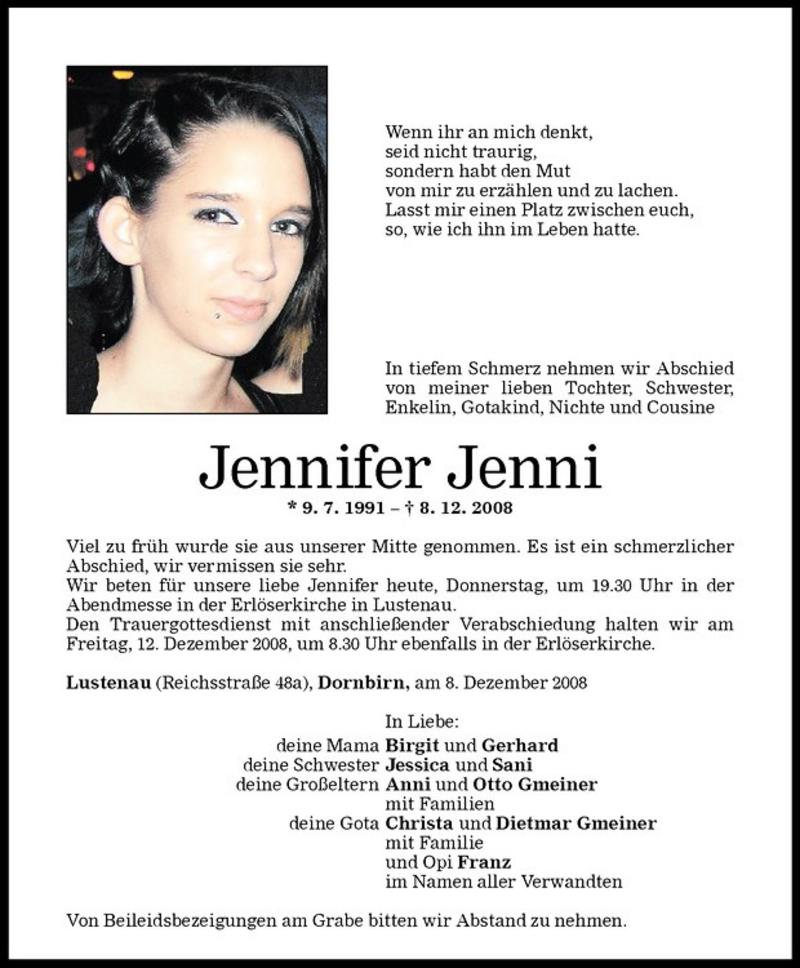  Todesanzeige für Jennifer (Jenny) Jenni vom 11.12.2008 aus Vorarlberger Nachrichten