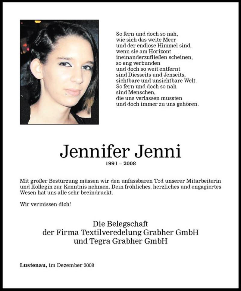  Todesanzeige für Jennifer (Jenny) Jenni vom 11.12.2008 aus Vorarlberger Nachrichten