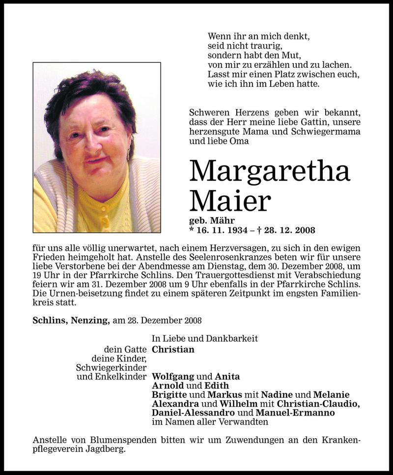  Todesanzeige für Margaretha Maier vom 29.12.2008 aus Vorarlberger Nachrichten