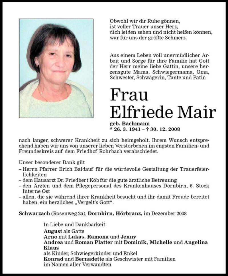  Todesanzeige für Elfriede Mair vom 08.01.2009 aus Vorarlberger Nachrichten