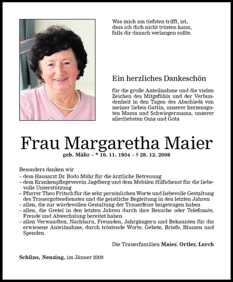  Todesanzeige für Margaretha Maier vom 16.01.2009 aus Vorarlberger Nachrichten