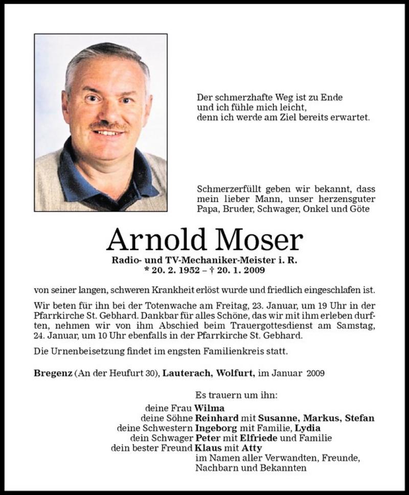  Todesanzeige für Arnold Moser vom 22.01.2009 aus Vorarlberger Nachrichten