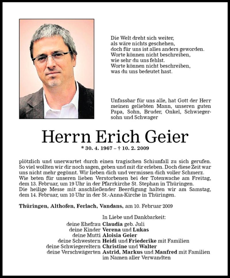  Todesanzeige für Erich Geier vom 12.02.2009 aus Vorarlberger Nachrichten