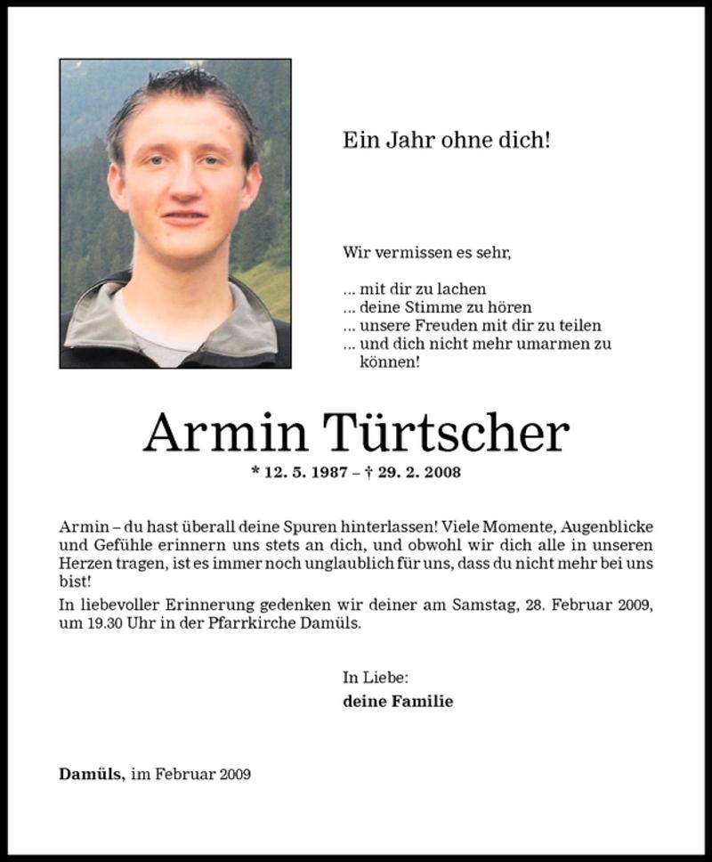  Todesanzeige für Armin Türtscher vom 27.02.2009 aus Vorarlberger Nachrichten