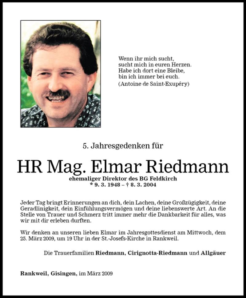  Todesanzeige für Elmar Riedmann vom 09.03.2009 aus Vorarlberger Nachrichten