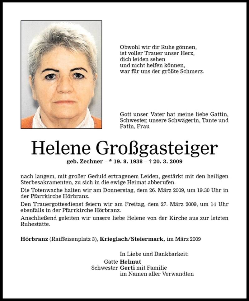  Todesanzeige für Helene Großgasteiger vom 24.03.2009 aus Vorarlberger Nachrichten