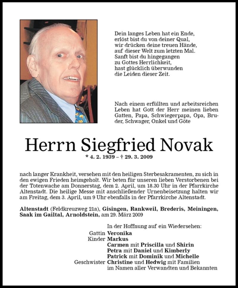  Todesanzeige für Siegfried Novak vom 01.04.2009 aus Vorarlberger Nachrichten