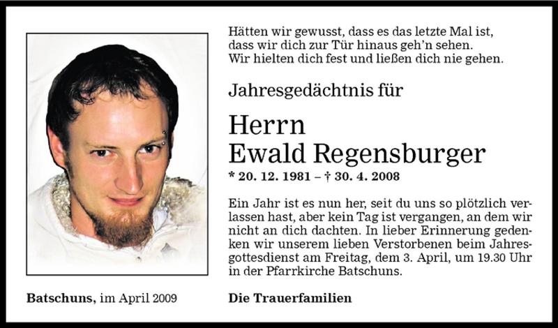  Todesanzeige für Ewald Regensburger vom 01.04.2009 aus Vorarlberger Nachrichten