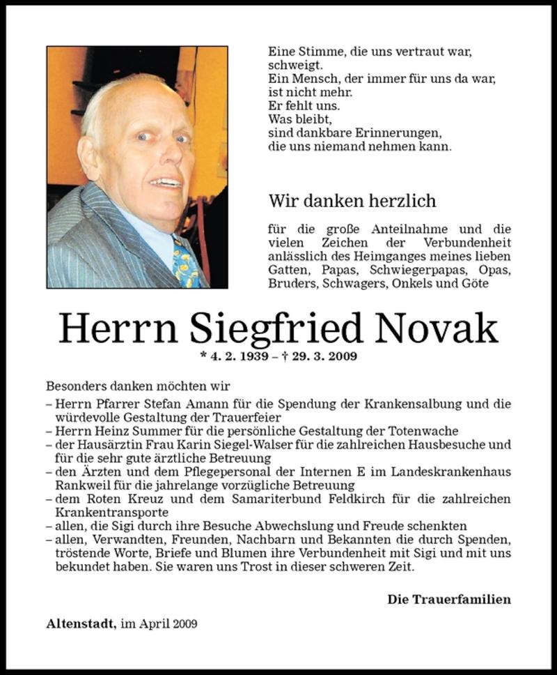  Todesanzeige für Siegfried Novak vom 24.04.2009 aus Vorarlberger Nachrichten
