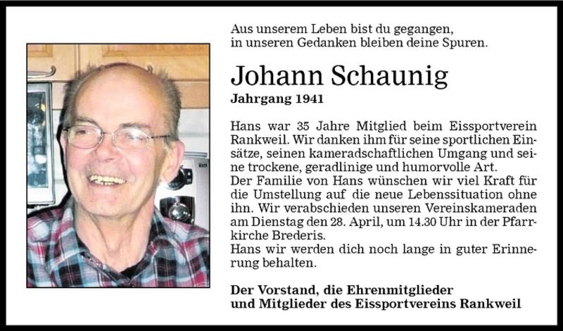  Todesanzeige für Johann Schaunig vom 25.04.2009 aus Vorarlberger Nachrichten