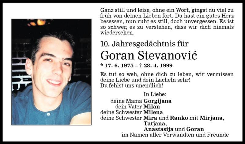  Todesanzeige für Goran Stevanovic vom 25.04.2009 aus Vorarlberger Nachrichten