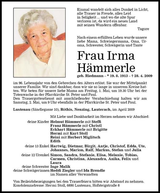 Todesanzeigen Von Irma H Mmerle Todesanzeigen Vorarlberger Nachrichten