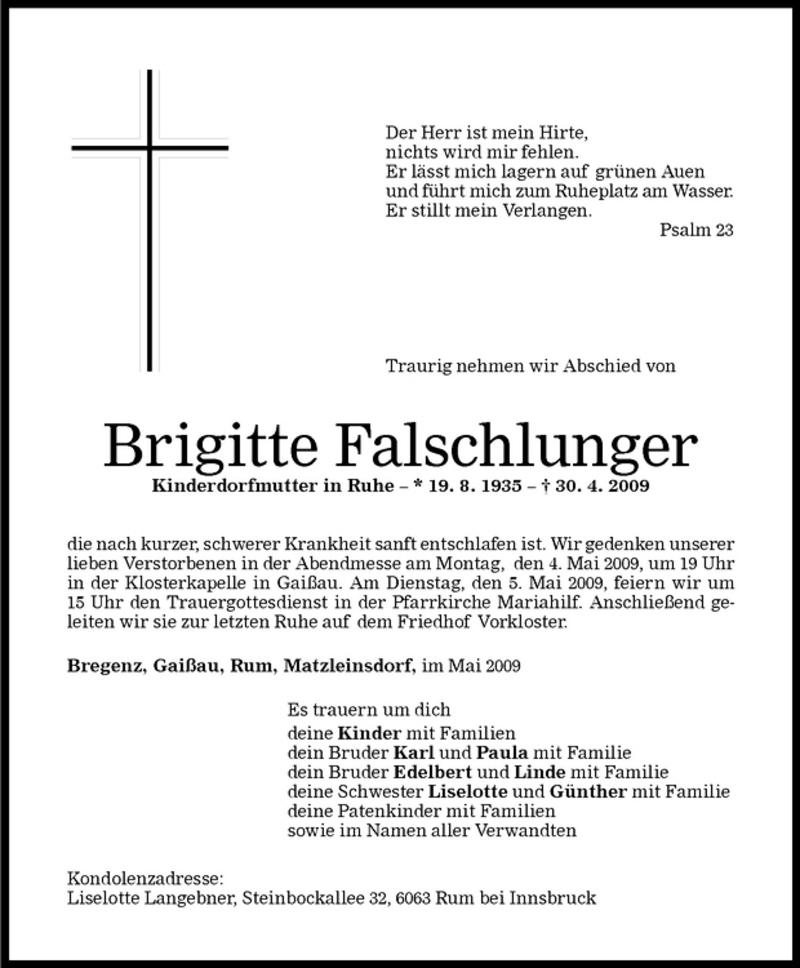  Todesanzeige für Brigitte Falschlunger vom 02.05.2009 aus Vorarlberger Nachrichten
