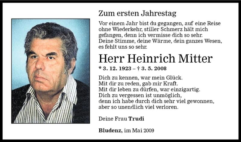  Todesanzeige für Heinrich Mitter vom 02.05.2009 aus Vorarlberger Nachrichten