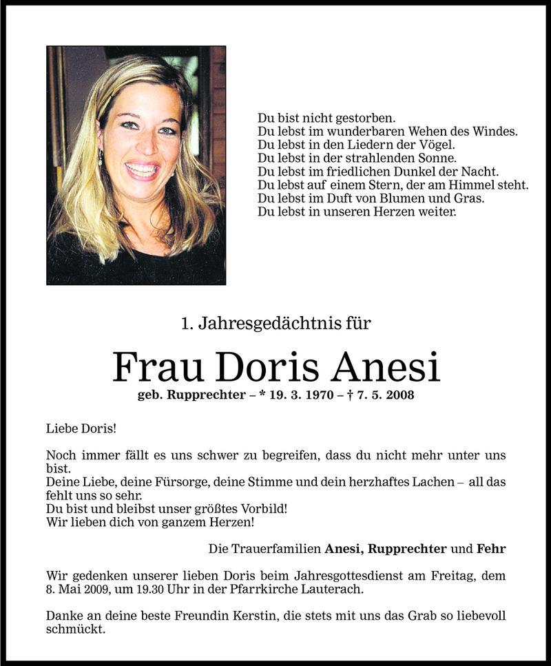  Todesanzeige für Doris Anesi vom 06.05.2009 aus Vorarlberger Nachrichten