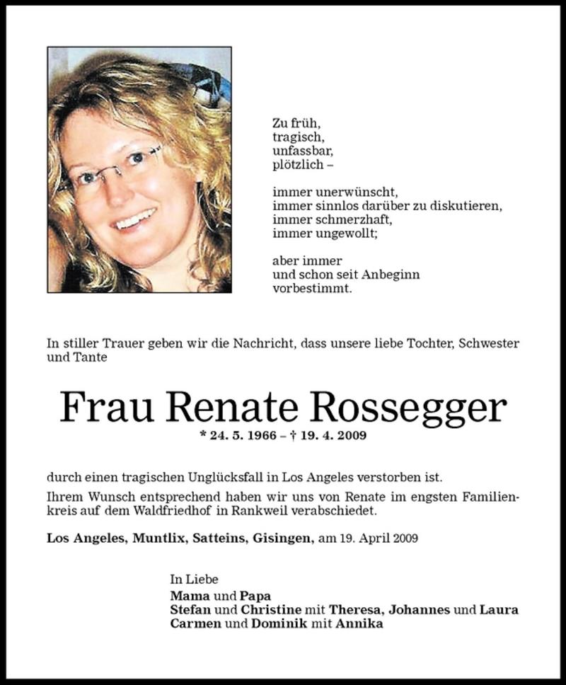  Todesanzeige für Renate Rossegger vom 08.05.2009 aus Vorarlberger Nachrichten