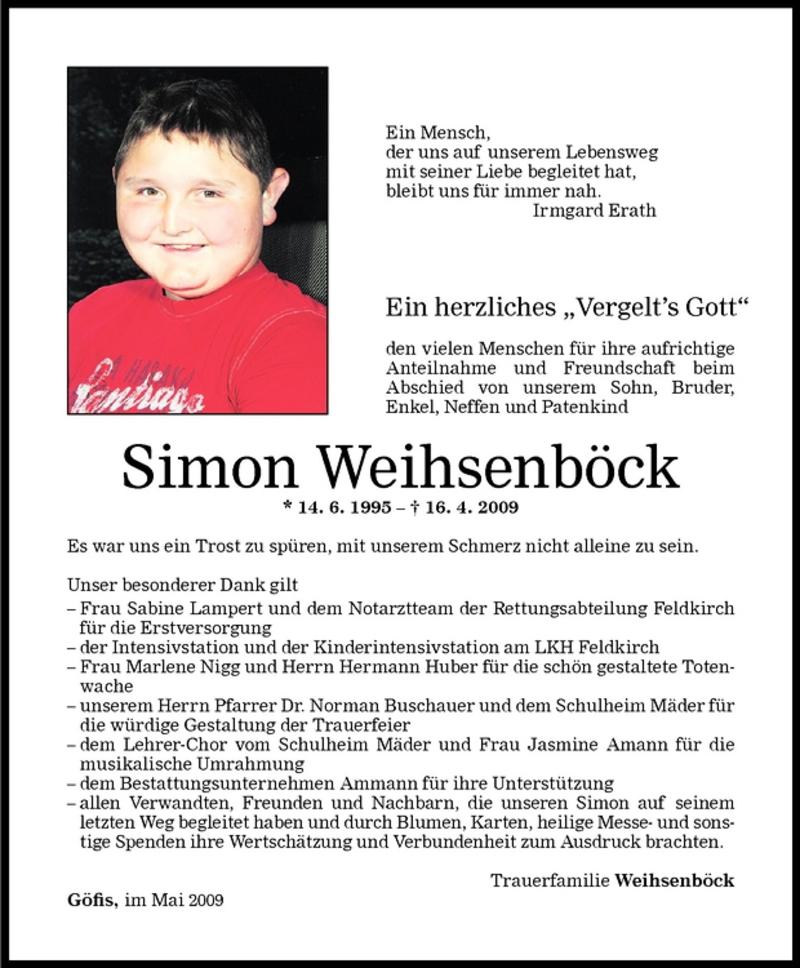  Todesanzeige für Simon Weihsenböck vom 09.05.2009 aus Vorarlberger Nachrichten