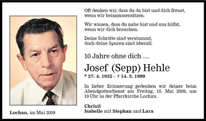  Todesanzeige für Josef (Sepp) Hehle vom 13.05.2009 aus Vorarlberger Nachrichten