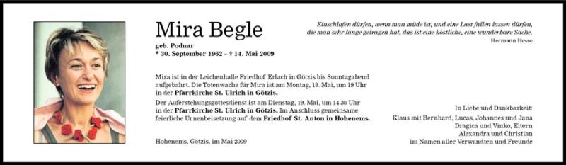  Todesanzeige für Mira Begle vom 16.05.2009 aus Vorarlberger Nachrichten