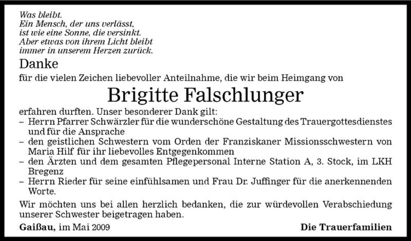  Todesanzeige für Brigitte Falschlunger vom 16.05.2009 aus Vorarlberger Nachrichten