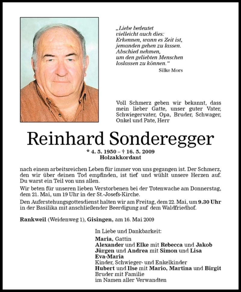  Todesanzeige für Reinhard Sonderegger vom 19.05.2009 aus Vorarlberger Nachrichten