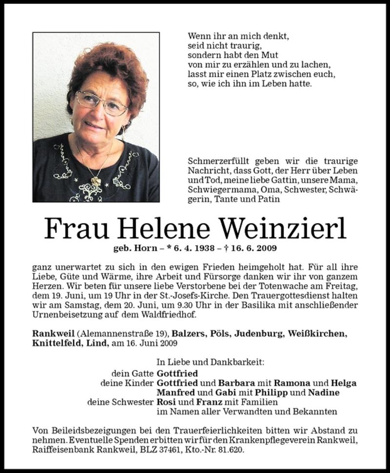  Todesanzeige für Helene Weinzierl vom 18.06.2009 aus Vorarlberger Nachrichten