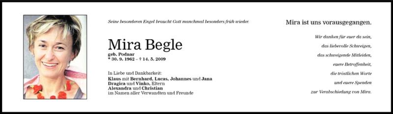  Todesanzeige für Mira Begle vom 27.06.2009 aus Vorarlberger Nachrichten