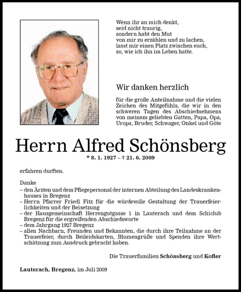 Todesanzeigen Von Alfred Sch Nsberg Todesanzeigen Vorarlberger