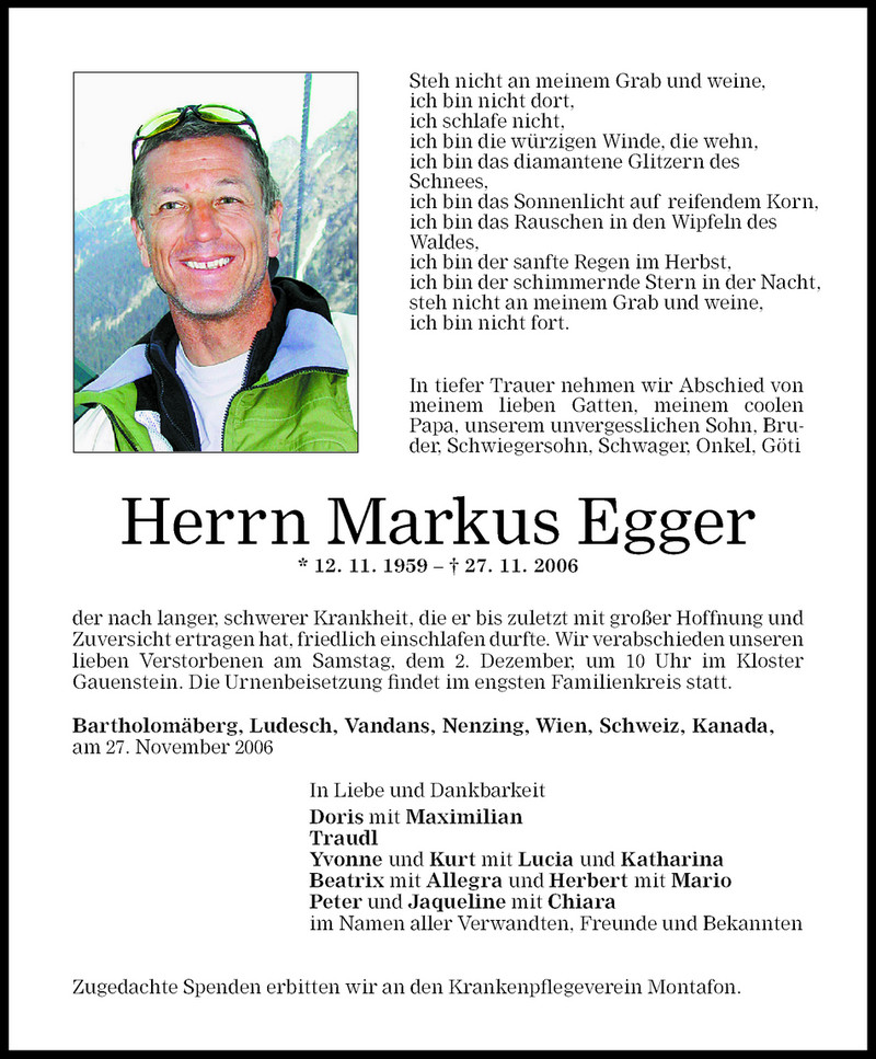  Todesanzeige für Markus Egger vom 29.11.2006 aus Vorarlberger Nachrichten