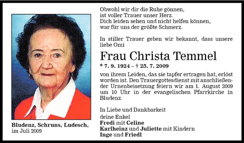 Todesanzeigen Von Christa Temmel | Todesanzeigen Vorarlberger Nachrichten