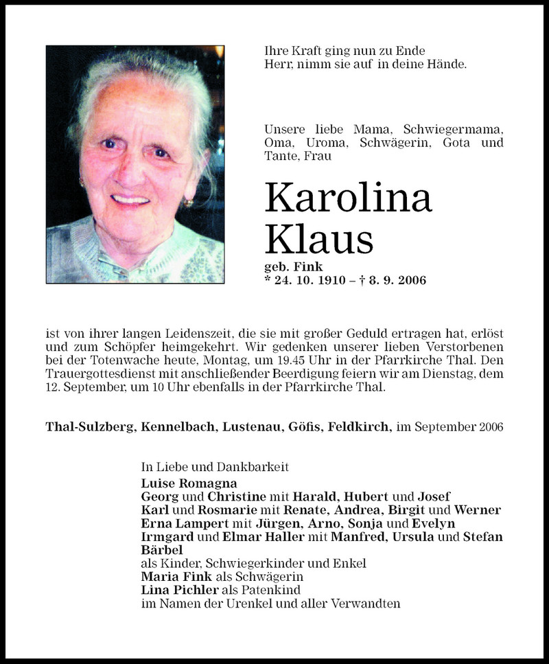 Todesanzeigen Von Karolina Klaus Todesanzeigen Vorarlberger Nachrichten