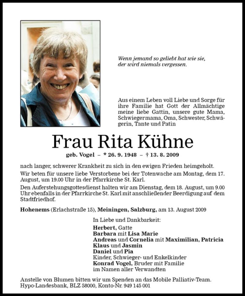 Todesanzeigen von Rita Kühne  Todesanzeigen Vorarlberger Nachrichten