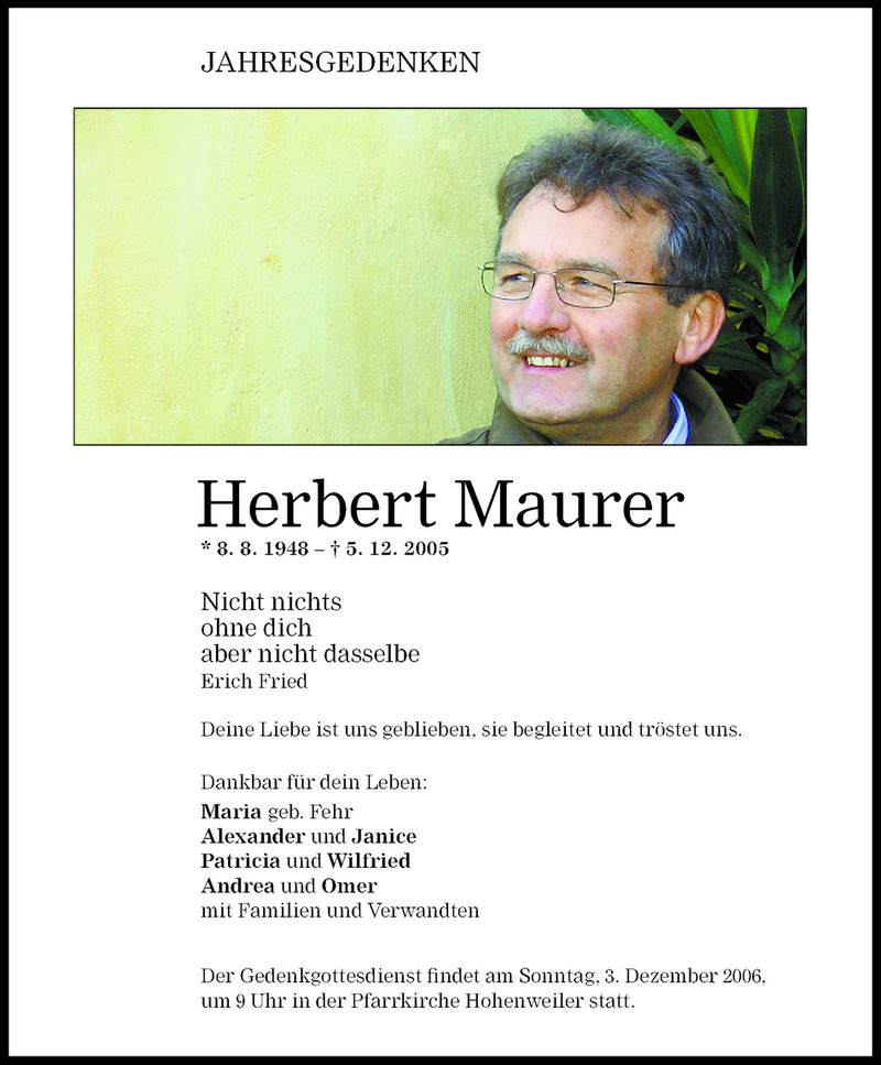  Todesanzeige für Herbert Maurer vom 30.11.2006 aus Vorarlberger Nachrichten