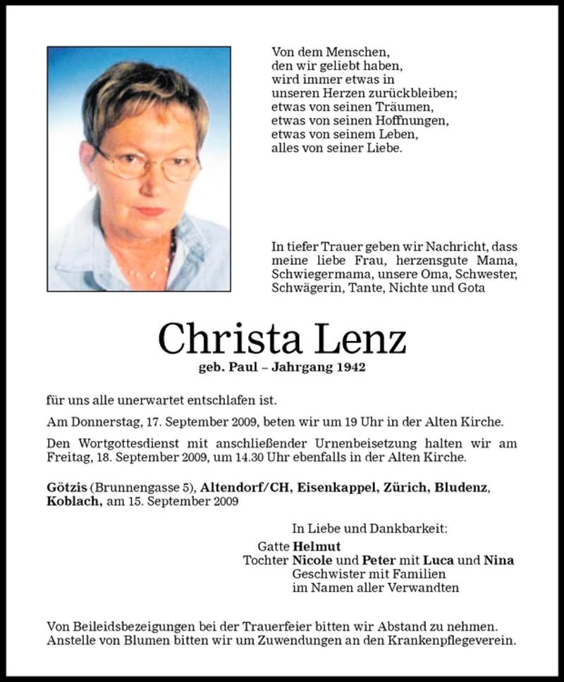  Todesanzeige für Christa Lenz vom 17.09.2009 aus Vorarlberger Nachrichten