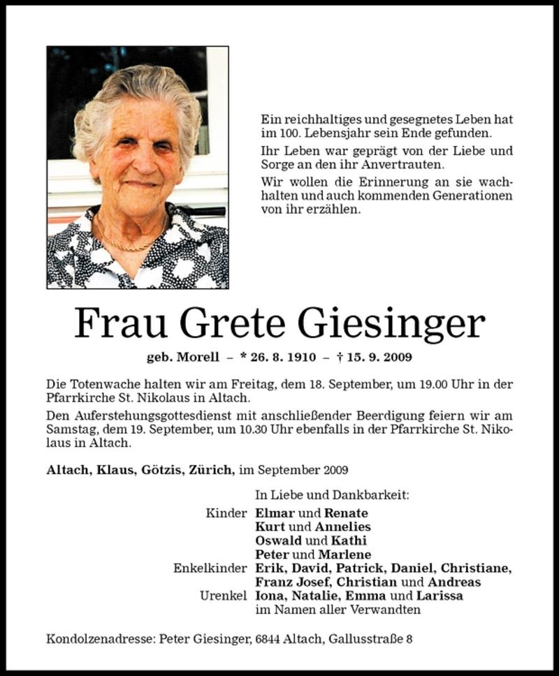 Todesanzeigen von Grete Giesinger | Todesanzeigen Vorarlberger Nachrichten