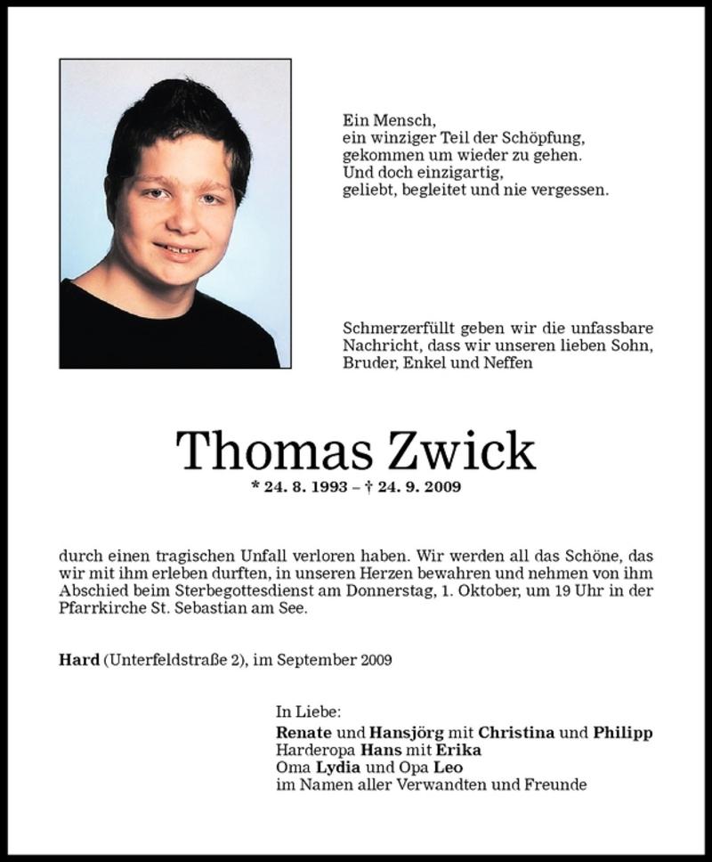  Todesanzeige für Thomas Zwick vom 29.09.2009 aus Vorarlberger Nachrichten
